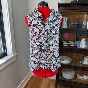 Loco Lindo Purple Floral Sleeveless Ruffle Blouse 100% Rayon Made in USA